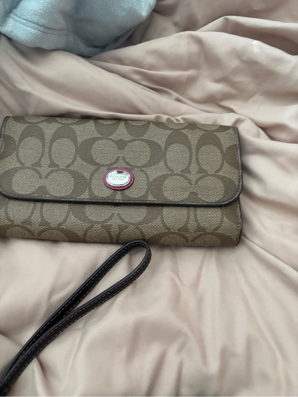Coach Brown Signature Canvas Wristlet Clutch with Leather Strap